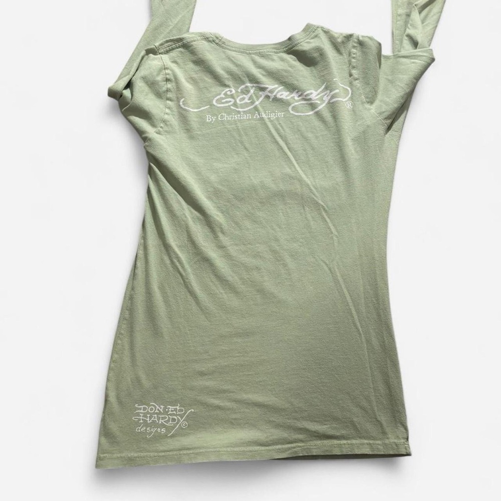 Ed Hardy Light Green Long-Sleeve Graphic Tee with 'Love Kills' Skull - Picture 2 of 5